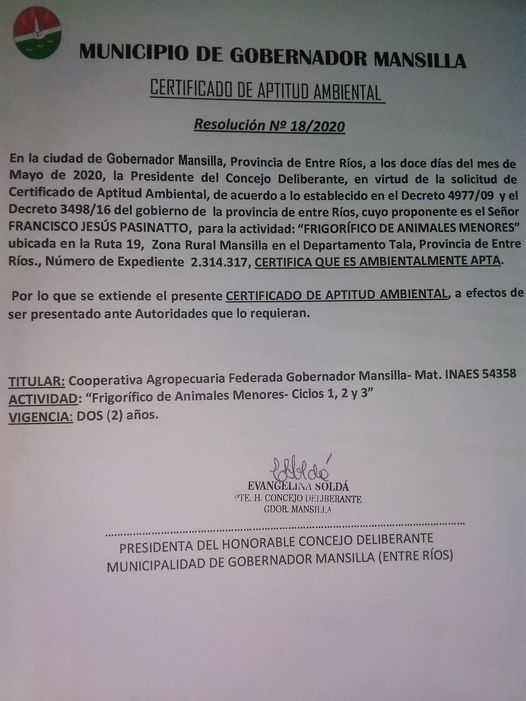 Uno de los logros de la cooperativa: el certificado de habilitación de la planta